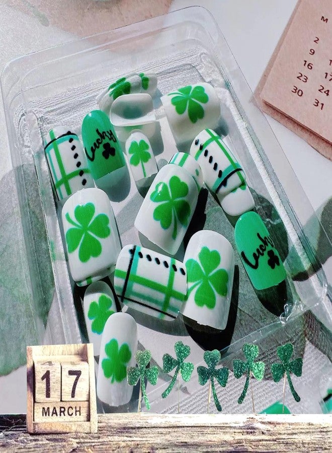 BSBTBZ 24Pcs St. Patrick's Day Press on Nails Medium Square - French Tip Fake Nails with Green Shamrock Irish Design Reusable Natural Stick on Nails Gift for Women DIY St. Patrick's Day Clover Manicure Set - Image 2
